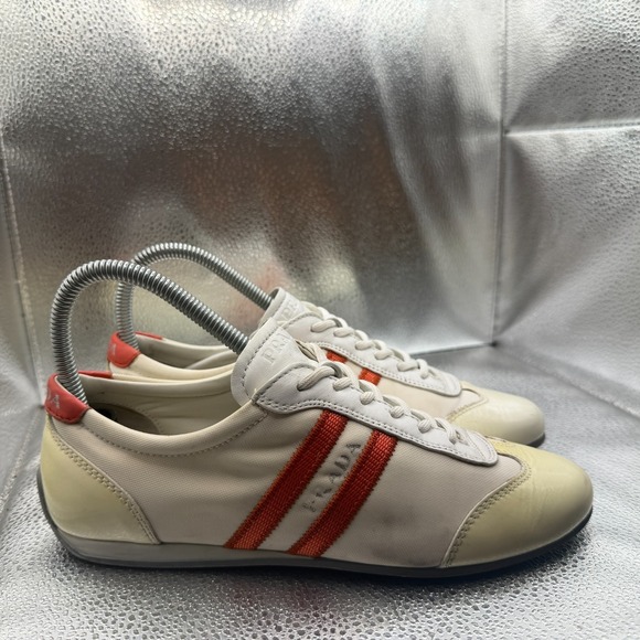 Size EU 36 Prada Cream Red Stripe Mens Canvas Suede Leather Low Top Sneakers - Picture 2 of 10